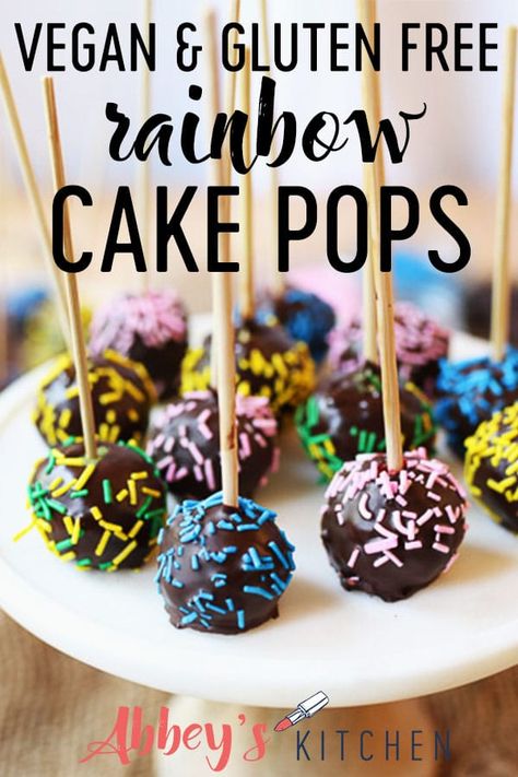 vegan gluten free rainbow cake pops are the perfect kid-friendly healthy treat #veganfood #vegantreat #plantbased #glutenfreedessert #healthytreat #kidfriendly Gluten Free Rainbow Cake, Vegan Gluten Free Cake Pops, Gluten Free Dairy Free Cake Pops, Vegan Cake Pops, Healthy Treats For Kids, Rainbow Cake Pops, Gluten Free Party Food, Cake Popsicles, Unique Treats