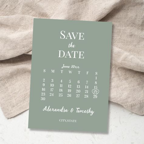 Minimalist Modern Sage Green Calendar Wedding Save The Date Ideas Green, Green Save The Date, Green Calendar, Save The Date Ideas, Colors Background, Modern Save The Dates, Sage Green Color, Custom Calendar, Save The Date Card