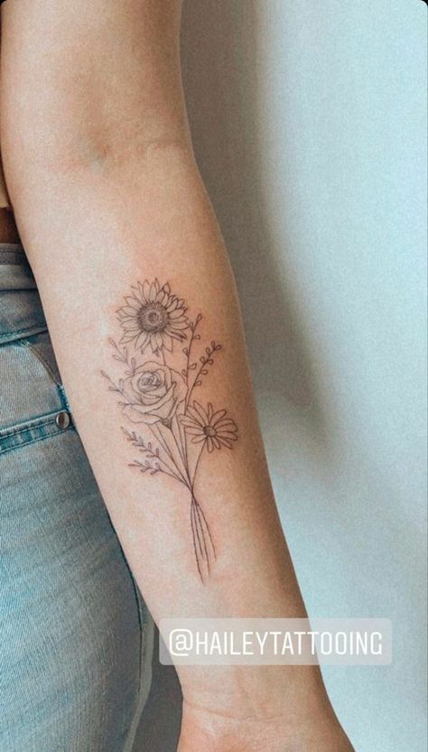 Coordinates Tattoo, Flower Bouquet Tattoo, Tattoo Forearm, Bouquet Tattoo, Wildflower Tattoo, Birth Flower Tattoos, Sunflower Tattoos, Eagle Tattoo, Feminine Tattoo