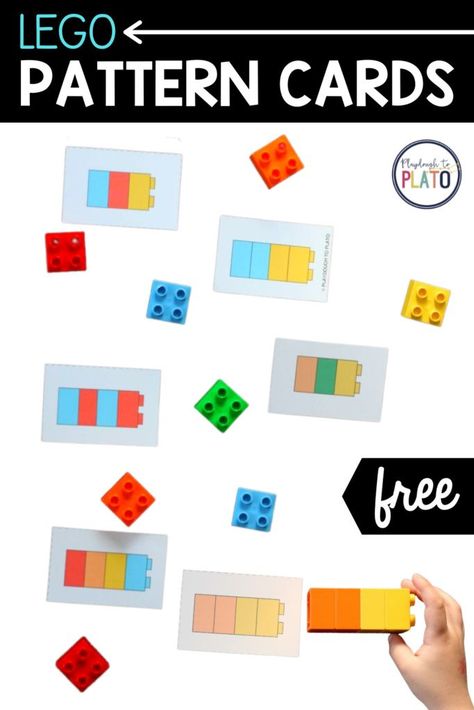 These Lego pattern cards are perfect for a toddler, pre k and kindergarten kids! Kids will love building with legos and growing their math brains at the same time! Knowing patterns is a foundation skill for math problem solving and this is an easy prep, engaging activity for young learners. #legomath #patterns #legopatterns Lego Activity Cards, Duplo Activities Preschool, Lego Activities For Preschoolers, Duplo Pattern Cards Free Printables, Lego Math Kindergarten, Duplo Lego Ideas Free Printable, Lego Provocations, Patterning Kindergarten Activities, Preschool Lego Activities