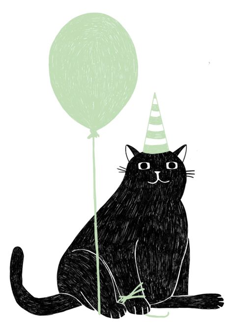 Happy Birthday Balloon Drawing, Birthday Animal Illustration, Postcard Happy Birthday, Birthday Cat Drawing, Cat Garland, Dancing Drawing, Happy Birthday Drawings, Thirtieth Birthday, Party Illustration