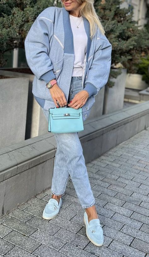 Blue Loro Piana Shoes Outfit, Light Blue Shoes Outfit, Blue Loafers Outfit Women, Loro Piana Shoes Outfit, Loafers Outfit Women, Blue Shoes Outfit, All Black Outfits For Women, Sky Blu, Light Blue Shoes