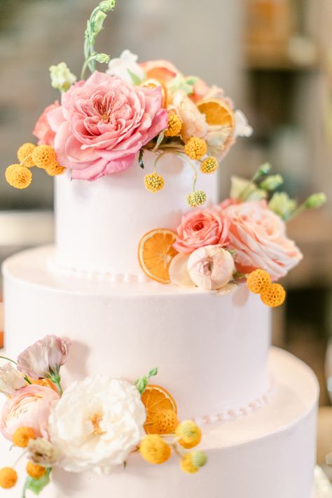 Does anyone else need something sweet after this weekend? I certainly could to get this Monday started off right! This cake from Haley & Cade's wedding would hit the spot right about now. I love the way we worked in candied fruit slices into the cake decor. It gave a beautiful pop of orange among the sweet pink and pristine white tiers! ⁠ Orange Wedding Cake, Pink Cake Pops, Orange And Pink Wedding, Bright Wedding Flowers, Orange Wedding Flowers, Citrus Wedding, White Bridal Shower, Pink Wedding Cake, Bridal Shower Cakes