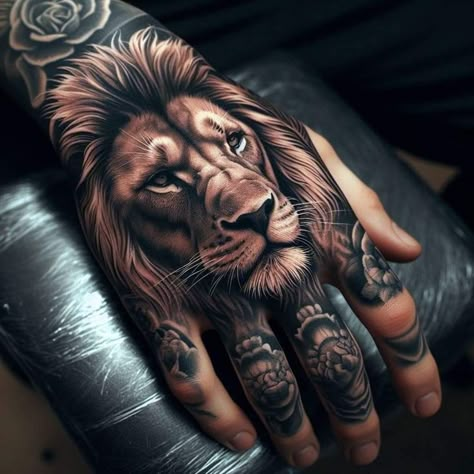 Hand Tattoos Lion Men, Lion Hand Tattoo Men, Bold Tattoo Designs, Crazy Tattoo Ideas, Lion Hand Tattoo, Bold Tattoo, Fierce Tattoo, Full Hand Tattoo, Tattoo 2024