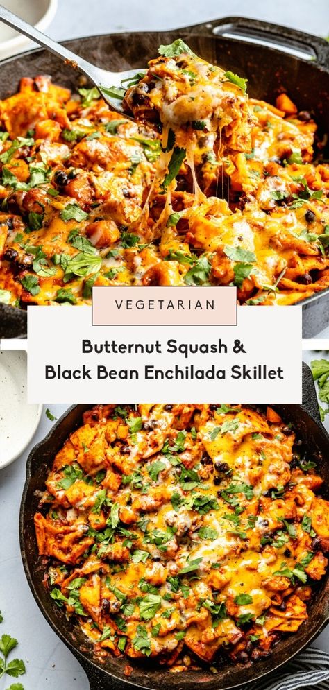 Flavorful butternut squash and black bean enchilada skillet filled with fiber and protein for a delicious dinner the whole family will love. This easy vegetarian enchilada skillet comes together in 30 minutes and is great for meal prep! Butternut Squash And Black Bean Enchilada Skillet, Black Bean And Butternut Squash Burritos, Black Beans Butternut Squash, Butternut Squash Cast Iron Skillet, Squash Recipes Skillet, Butternut Squash And Black Bean Recipes, Ground Pork Butternut Squash, Butternut Squash Beef Recipes, Meal Prep Butternut Squash