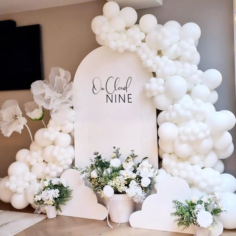 ON CLOUD NINE BRIDAL SHOWER Happy Easter everyone 🐣🐣🐣 There's something about a simple white set up that I love. It's the perfect… | Instagram Bridal Shower Cloud Nine, Cloud Theme Party Backdrops, On Cloud Nine Bridal Shower Ideas, Cloud Nine Bridal Shower Decor, We're On Cloud 9 Baby Shower Theme, On Cloud Nine Backdrop, On Cloud Nine Bridal Shower Theme Decor, Cloud Nine Engagement Party, On Cloud 9 Bridal Shower