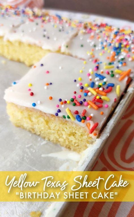 Yellow Texas Sheet Cake (Birthday Sheet Cake) - The very best sheet cake recipe with that signature “yellow cake flavor” topped with white icing - perfect for birthday cake! Half Sheet Cake Recipe Homemade, Sheet Pan Birthday Cake, Yellow Texas Sheet Cake, Sheet Birthday Cakes, Half Sheet Cake Recipe, Yellow Sheet Cake Recipe, Sheet Cake Birthday, Yellow Sheet Cake, White Sheet Cakes