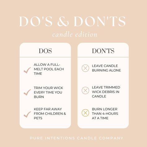 Candle lovers, here are some essential do's and don'ts to ensure you get the best experience from your Pure Intentions Candles! ✅ DO: - Allow a full-melt pool each time for an even burn. - Trim your wick every time you burn to prevent soot and smoke. - Keep far away from children and pets for safety. ❌ DON'T: - Leave your candle burning alone. - Leave trimmed wick debris in the candle. - Burn longer than 4 hours at a time to preserve your candle's quality. Follow these tips to enjoy your ... Pure Intentions, Cozy Candle, Candle Burn, Candle Burning, Candle Safety, Cozy Candles, Intention Candles, Do's And Don'ts, Candles For Sale