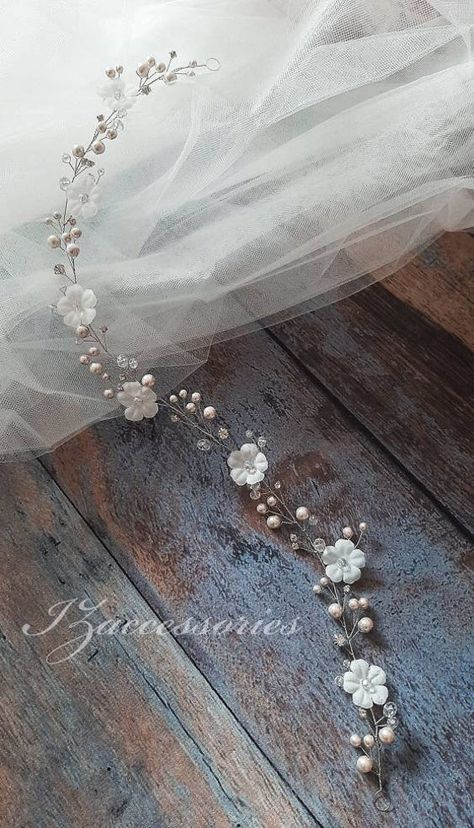 Flower Hair Vine Wedding Crystal Pearl Hair Vine Bridal Hair Piece Headpiece Headband Diadem Tiara Long hair vine Bridesmaid First Communion Long Hair Vine, Silver Hair Vine, Pearl Hair Vine, Bridal Hair Vine, Hair Jewelry Wedding, Pearl Hair, Floral Headbands, Hair Vine, Bridal Hair Pieces