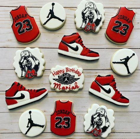 Jordan Decorations Birthday Parties, Michael Jordan Cupcakes, Jordan First Birthday Theme, Jordan Theme Birthday Party Ideas 23, Nba Birthday Theme, Jordan 1 Birthday Theme, Jordan Year Birthday 23 Ideas, Michael Jordan Birthday Party, Jordan Cookies