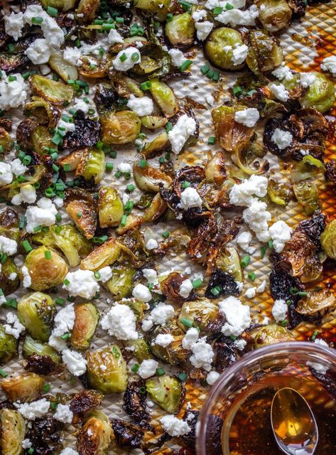 Hot honey brussels sprouts are the perfect side dish! Crispy brussels sprouts that are sweet & spicy, topped with feta and chives. So delicious enough to eat right off the pan. Shredded Brussels Sprouts Recipe, Honey Brussel Sprouts, Hot Honey Recipe, Autumn Side Dishes, Roasted Brussels Sprouts, Sprout Recipes, Hot Honey, Brussels Sprouts Recipe, Honey Recipes