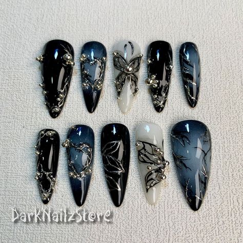 Custom Black Dark Press On Nails, Gothic Punk Rock Nails, Goth Y2K Butterfly Press On Nails bring a touch of nostalgia and futuristic style to your fingertips. With a wide range of colors, designs, and finishes, these press on nails allow you to express your individuality and stay on top of the latest trends. Whether you prefer bold and vibrant shades or subtle and sophisticated designs, DarkNailz press on nails offer endless possibilities for creating your desired look. [PLEASE READ BEFORE PURC Cute Dark Colored Nails, Dark Whimsical Nails, Hxh Nails Design, Black Colorful Nails, Dark Y2k Nails, Black Nails With Butterflies, Black Nail Designs Trending Now, Simple Dark Nail Designs, Cute Nails Dark