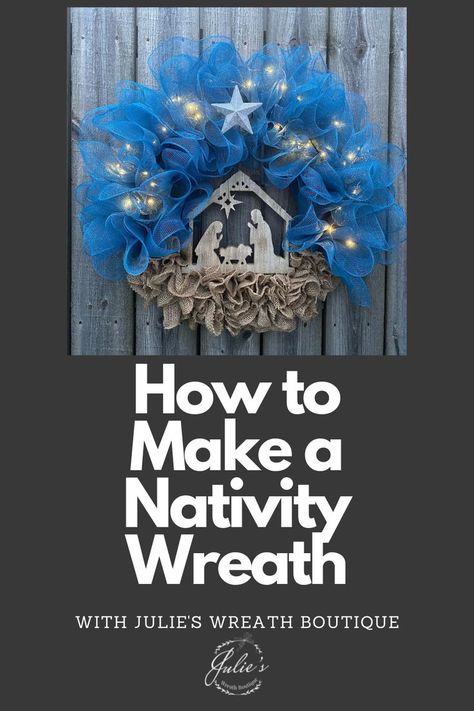 You will learn how to make the perfect Nativity wreath with Julie on her YouTube Channel with clear and easy instructions. Nativity Wreath Deco Mesh Diy, Deco Mesh Nativity Wreath, Christian Wreath Ideas, Manger Wreath Diy, Nativity Scene Wreath, Manger Wreath, Nativity Wreath Diy, Nativity Wreath Deco Mesh, Diy Nativity Wreath