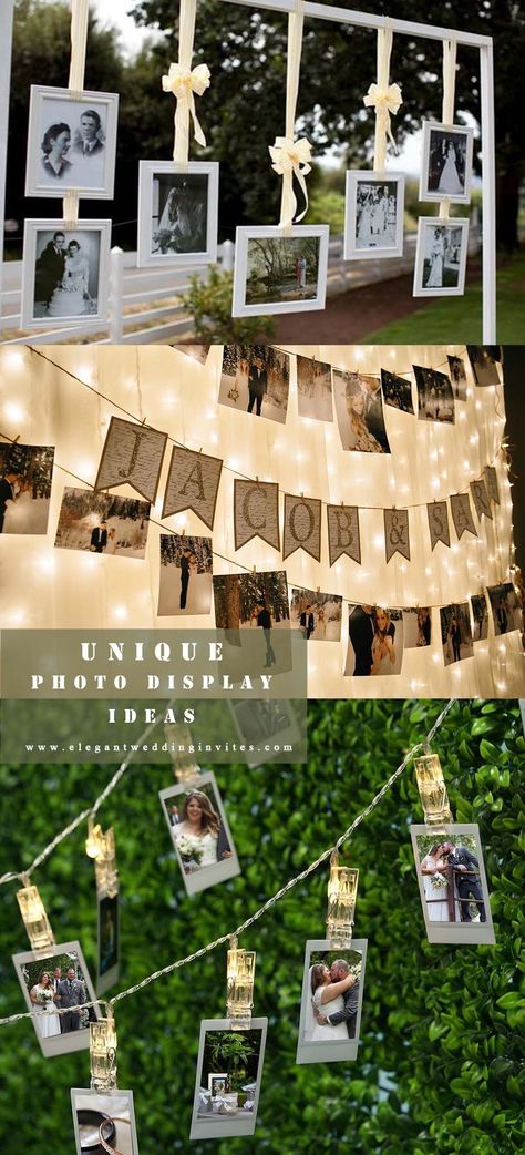 Photo Hanging Ideas, Unique Photo Display, Wedding Photo Wall Display, Wedding Picture Walls, Photo Display Ideas, Wedding Photo Walls, Diy Photo Display, Photo Hanging, Wedding Photo Display