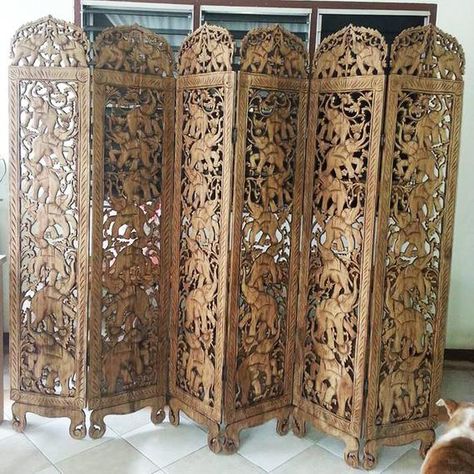 This Room divider consists of 6 pieces. Wood Carving Wood carving requires both effort and skills. It is craft and representative of culture, tradition and belief. Wood carving shows Thai s belief, culture and society. Different areas have their own styles. Our style is northern style. It has been Wood Carved Headboard, Desert Nursery, Room Separator, Carved Headboard, Cultural Patterns, Awesome Furniture, Thai Elephant, Global Decor, Elephant Carving