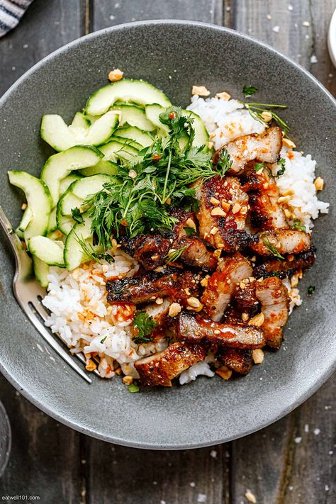 Meal Prep With Pork, Pork Bowls Asian, Pork Belly Bowls, Pork Belly Leftover Recipes, What To Serve With Pork Belly, Healthy Pork Belly Recipes, Pork Belly Meals, Leftover Pork Belly Recipes, Pork Belly Stir Fry Recipes