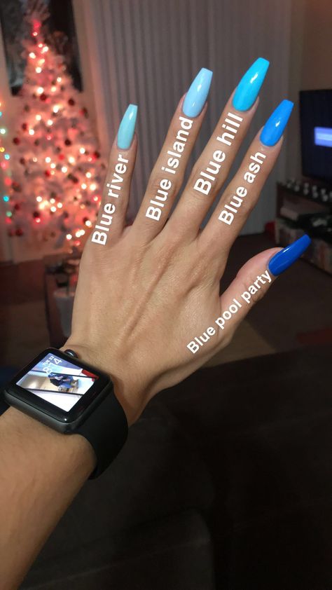 Different Shades Of Blue Nail Designs, Different Color Nails Blue Shades, All Shades Of Blue Nails, Blue Shades Nails Acrylic, Different Blues Nails, Different Shade Blue Nails, Shades Of Blue For Nails, Cool Matte Nails, Shades Of Blue Acrylic Nails