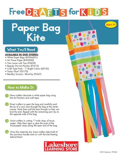 Instructions from Lakeshore’s Free Crafts for Kids - Paper Bag Kite. #lakeshorelearning #crafts Paper Bag Kite Craft, Adventure Crafts For Preschool, Diy Kites That Fly, Paper Bag Kite, Kite Craft For Kids, Kites Preschool, Free Crafts For Kids, Kite Craft, Summer School Crafts