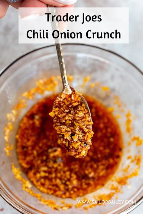 Homemade Trader Joe's chili onion crunch but better! Crunchy, flavorful, lightly spiced. The best sauce for eggs, pizza, salads, pastas, sandwiches and more. This is my top 5 condiment for the fridge. via @sailor_bailey Crunchy Chili Oil Recipe, Crunchy Onion Chili Oil, Trader Joe Chili Onion Crunch, Recipes Using Trader Joes Crunchy Chili Onion, Crunchy Onion Chili Oil Trader Joes Recipes, Crunchy Chili Onion Trader Joes, Chili Oil Crunch Recipe, Chilli Onion Crunch Trader Joes Recipes, Crunchy Onion Chili Oil Trader Joes