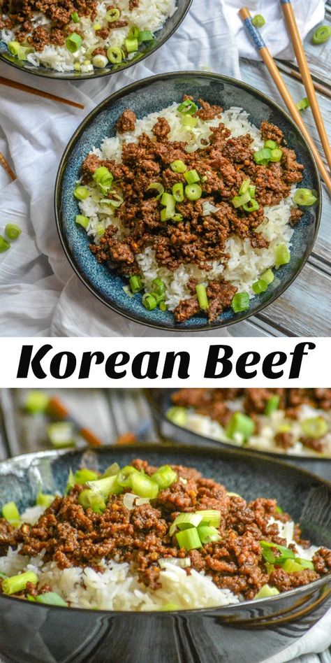 A quick and easy supper solution, this Korean Beef is a full meal the whole family will love. Packed with Asian flavor, this Asian-style ground beef is served over a bed of fluffy white rice and garnished with bright green onions for a stunning, under 30 minute meal. White Rice With Ground Beef, Under 30 Minute Meals, Ground Beef White Rice Recipes, Beef And White Rice Recipes, Healthy Supper Ideas With Ground Beef, Dinner Ideas With White Rice, White Rice And Ground Beef Recipes, Healthy Meals With White Rice, What To Eat With White Rice