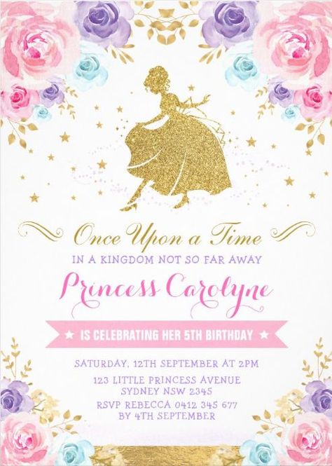 Princess birthday party invitations #kidsbirthdayparty #kidsbirthdaypartyideas #girlbirthdayparty #girlbirthdaypartyideas #princessbirthdaypartyideas Cinderella Birthday Invitation, Cinderella Birthday Party, Princess Birthday Party Decorations, Disney Princess Birthday Party, Princess Theme Birthday, Princess Theme Birthday Party, Floral Birthday Invitations, Princess Party Decorations, Princess Birthday Invitations