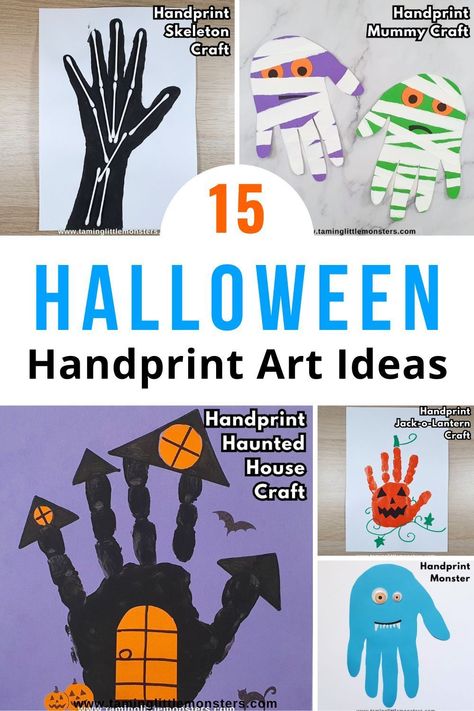 Halloween Hand Painting For Kids, Fingerprint Halloween Crafts, Finger Paint Halloween Crafts, Hand Print Halloween Art, Baby Art Halloween, Halloween Toddler Arts And Crafts, Handprint Crafts Halloween, Kindergarten Craft Halloween, October Crafts Preschool Art Projects