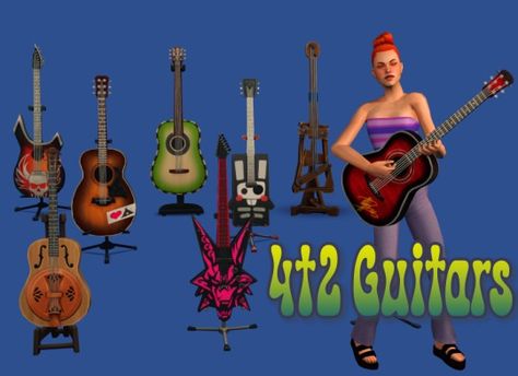 4t2 EA Guitars    Well, in the midst of the Lovestruck conversion saga with tvickiesims, I took on the guitar and after about an hour of "what does this mean?!" to myself while reading the instructions… Sims 4 Guitar Cc, Sims 2, Sims 4, Guitar, Reading