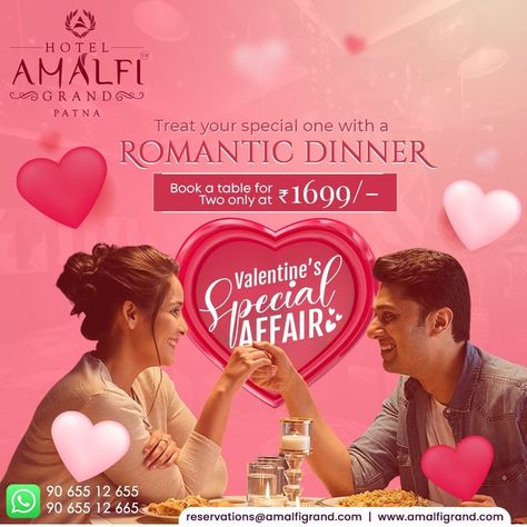 This season of love, celebrate an eve of togetherness, treat your special one with a romantic dinner at Hotel Amalfi Grand's Valentine's Special Affair. Make your love evident to your valentine with a special date night package starting at INR 1699/- For reservations, call us at - 09065512655/0906551265 or visit us at Ambedkar Path, Bailey Rd, Behind SBI, Pillar No 04, Rukanpura, Patna or for more, visit our website www.amalfigrand.com. Valentine Creative Ads, Valentine Hotel, Valentine's Day Poster Design, Pehla Pyaar, Valantine Day, Couples Dinner, Valentine Designs, Valentines Day Post, Hotel Ads