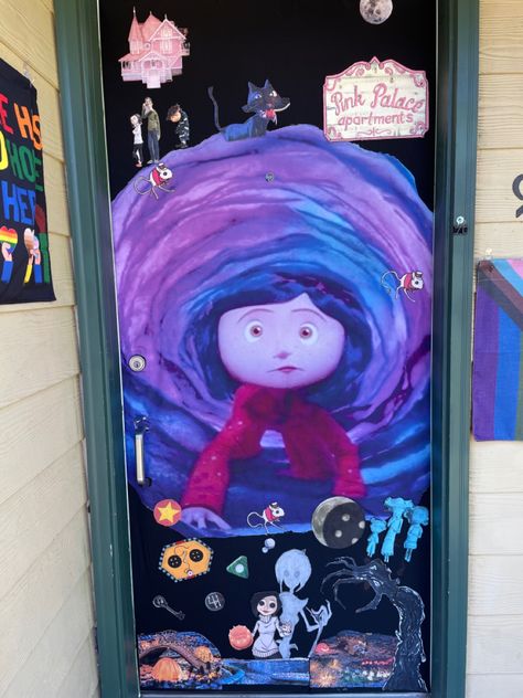 Halloween door decorations Coraline Coraline Trunk Or Treat, Coraline Door, Coraline Door Decoration, Coraline Decorations, Coraline Decorations Halloween, Coraline Movie, School Doors, Other Mothers, Halloween Door