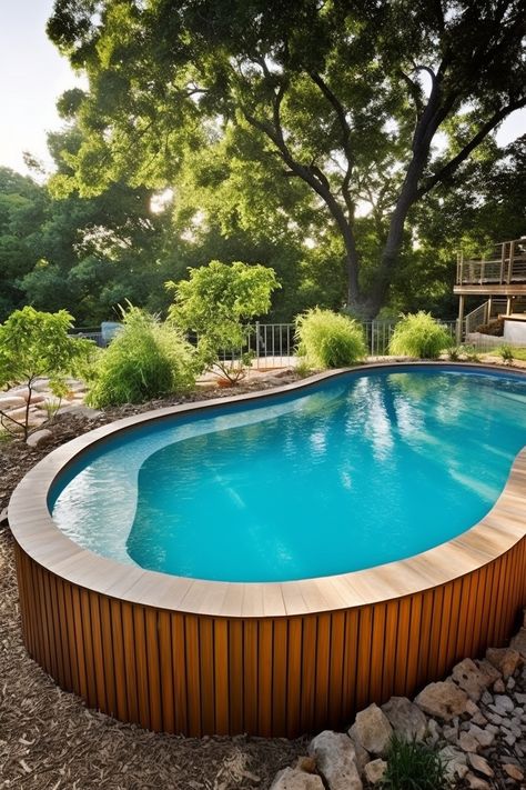 Wood Pool Deck Above Ground, Beautiful Above Ground Pool, Chic Above Ground Pool, Aesthetic Above Ground Pool, Unique Above Ground Pool Ideas, Fancy Above Ground Pools, Above Ground Pool Aesthetic, Oval Pool Deck Ideas, Round Above Ground Pool Ideas