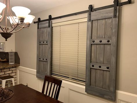 Barn Door Window Covering, Window Shutters Indoor, Shutters Diy, Shutters Indoor, Barn Door Shutters, Shutters Window, Rustic Window Treatments, Bed Window, Barn Door Window