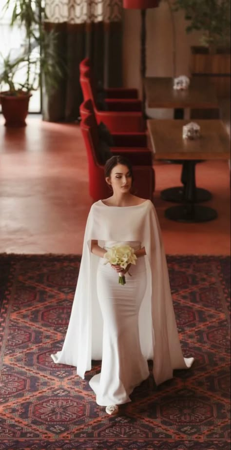 This dress is photographed by @shan.shaza on instagram and modeled by Bella Wedding Dress Cover, Cape Wedding, Bride Dress Simple, Cape Wedding Dress, Classy Wedding Dress, Minimalist Wedding Dresses, Bridal Cape, Elegant Dresses Classy, Engagement Dresses