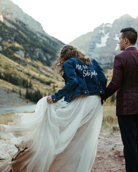 Mountain Wedding ⛰ . . . . . . . . . . . . #chainstitchembroidery #embroidery #embroideryart #embroideryinstaguild #embroideryartist #embroiderydesign #vintagesewingmachine #liketkit #theknot #theknotweddings #greenweddingshoes #pinterestwedding #njweddings #etsy #etsyseller #weddingjacket #bridalpartygoals #bridalparty #nywedding #weddingwire #bhldn #bhldnbride #bhldnweddingdress #weddingwirerated #alyshanett #greenweddingshoesdiy #diywedding #ruffledblog #stylemepretty #bridesmagazine Bride Jacket Wedding, Mrs Denim Jacket, Jean Jacket Bride, Bride Jean Jacket, Cowgirl Core, Cowgirl Bride, Bridal Garters, Bride Jacket, Sentimental Wedding