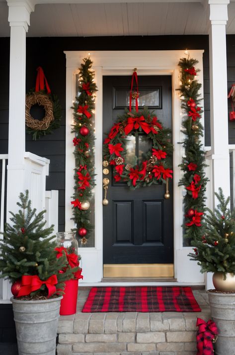 24 Festive Christmas Porch Decor Ideas to Delight Your Guests - DIYCozy: Nails, Decor, DIY, Gardening, Holidays Front Porch Bench Christmas Decor, Front Porch Xmas Decor, Front Porch Christmas Decor Ideas Diy, Outdoor Christmas Garland, Christmas Front Porch Decor, Door Decoration Ideas, Christmas Porch Decor Ideas, Christmas Front Door, Front Door Christmas Decorations