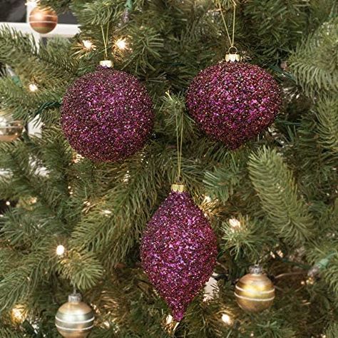 Plum Christmas, Purple Christmas Ornaments, Christmas Cottages, Holiday Inspo, Glass Theme, Purple Christmas, Christmas Material, Purple Plum, Ornament Hooks