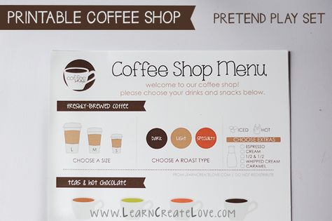 Printable Pretend Play Coffee Shop from LearnCreateLove.com Coffee Shop Dramatic Play Free Printable, Coffee Shop Printables, Play Coffee Shop, Printable Pretend Play, Pretend Play Printables, Play Printables, Dramatic Play Printables, Coffee Shop Menu, Menu Printable