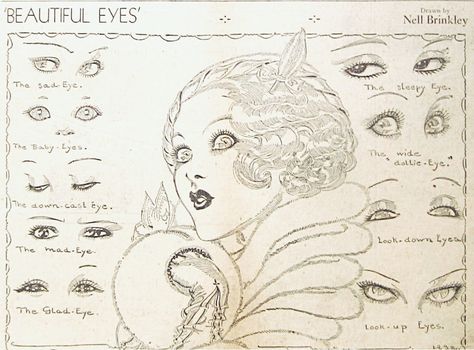 Vintage Comic Illustration, 1920s Inspired Art, Drawing Different Ages, 1920s Art Style, 1920s Eyes, Vintage Eye Illustration, 1920s Drawing, Nell Brinkley Illustrations, 1920s Makeup Illustration