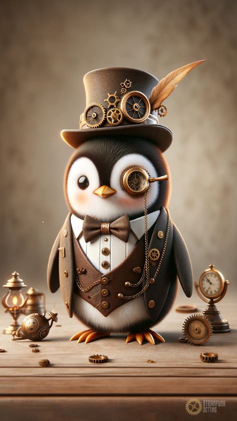 Meet the fanciest steampunk penguin! This charming image showcases a penguin dressed in elegant steampunk attire, complete with top hat, monocle, and intricate gear accessories. It's a whimsical blend of animal cuteness and Victorian steampunk sophistication, perfect for those who love unique and playful art. Steampunk Animals Art, Steam Punk Animals, Steampunk Chicken, Penguin Phone Wallpaper, Steampunk Penguin, Animals Wearing Clothes, Steampunk Phone, Elegant Steampunk, Punk Character Design