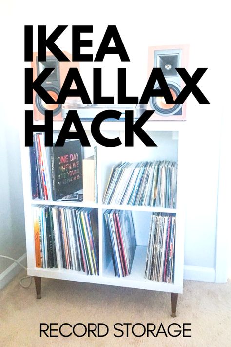 IKEA KALLAX Hack: Record Player Stand/Storage Record Player Stand Diy, Vinyl Record Storage Ikea, Ikea Record Storage, Record Player Storage, Vinyl Record Storage Diy, Record Player Setup, Vinyl Record Furniture, Record Album Storage, Diy Record