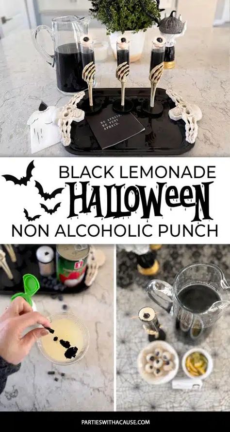 Black Lemonade: How to Make Non Alcoholic Spooky Halloween Punch - Parties With A Cause Birthday Party Punch, Spooky Halloween Punch, Wednesday Addams Birthday Party, Black Lemonade, Wednesday Addams Birthday, Family Halloween Party, Non Alcoholic Punch, Halloween Punch, Alcoholic Punch