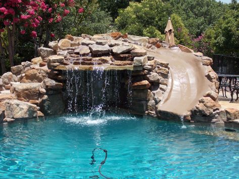 Before & After - Modern - Pool - Dallas - by Premier Pools & Spas - Dallas | Houzz NZ Pool With Slide And Jumping Rock, Pool With Water Slide, Pool With Grotto, Pool Grotto, Rock Pool Slide, Rock Slide Pool, Pool With Slide And Waterfall, Modern Pool With Slide, Pool With Slide