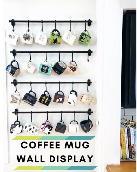 DIY Coffee Mug Wall Display. Ikea fintorp. Home decor idea. Kitchen display ideas. space saver. nickichicki home decor. coffee mugs. pottery mugs. easy home decor diy. thrifty diy ideas. coffee bar. Dish Display Ideas, Mug Wall Display, Bar Ideas Decor, Fintorp Ikea, Shelves For Nursery, Ikea Fintorp, Coffee Mug Wall, Mug Wall Rack, Coffee Mug Wall Rack