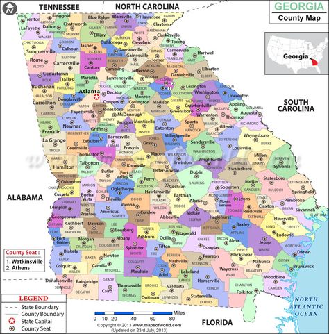 Map of #Georgia, USA showing the counties of the state. Map Of Georgia, Us State Map, Atlanta City, Georgia Map, County Map, Georgia Usa, Printable Maps, Wall Map, Georgia State