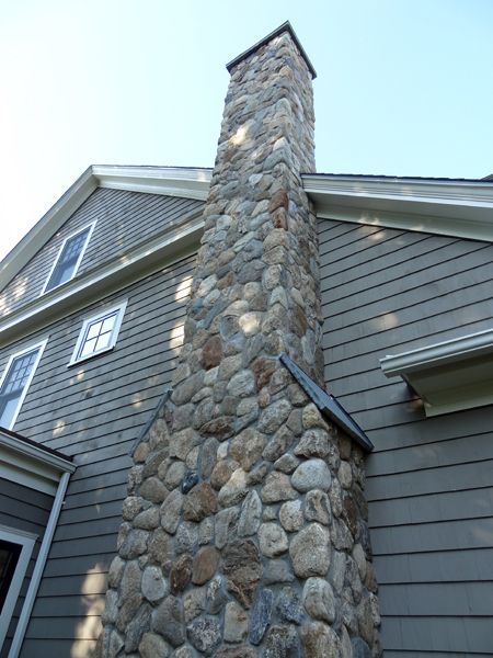 Chimney Outside Of House, Fireplace Stones, Gray Siding, Farmers Porch, Fireplace Brick, Chimney Design, Stone Construction, Marine Drive, Stone Chimney