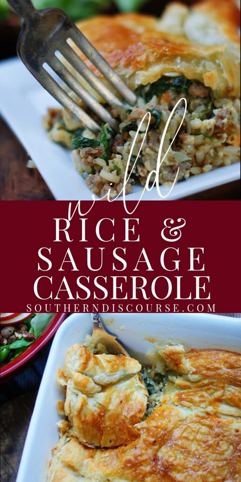 In this Wild Rice & Sausage Casserole recipe, wild rice, sausage, spinach, parsley and parmesan cheese topped with a golden, flaky puff pastry crust make a savory pot pie-style casserole that is deliciously hearty and satisfying comfort food. Chicken Sausage Wild Rice Casserole, Wild Rice Sausage Casserole, Wild Rice And Sausage Casserole, Sausage And Wild Rice Casserole, Sausage Rice Casserole, Cozy Casseroles, Sausage Meals, Southern Discourse, Sausage Casserole Recipes