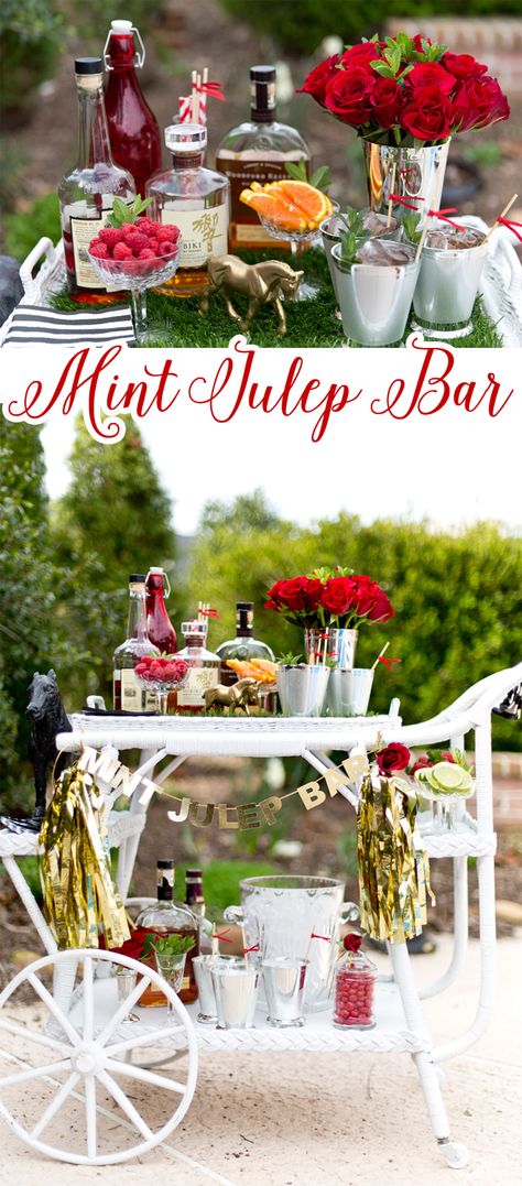 Style a Mint Julep Bar for the Kentucky Derby! Mint Julep Recipe Kentucky Derby, Kentucky Derby Party Ideas Decoration, Kentucky Derby Party Outfit, Kentucky Derby Party Games, Kentucky Derby Pie, Kentucky Derby Theme, Kentucky Derby Food, Kentucky Derby Mint Julep, Mint Julep Bar