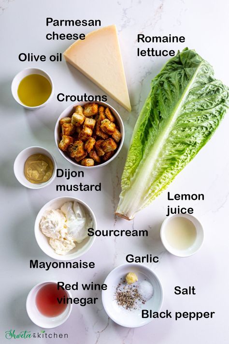 Vegetarian Caesar Salad - Shweta in the Kitchen Caesar Salad Ingredients, Spicy Caesar Salad, Ceasar Salad Recipe Healthy, Ceaser Salad Ideas, Cesar Salad Recipe, Subway Salad, Ceasar Dressing, Caesar Salad Dressing Recipe, Salad Jar Recipe