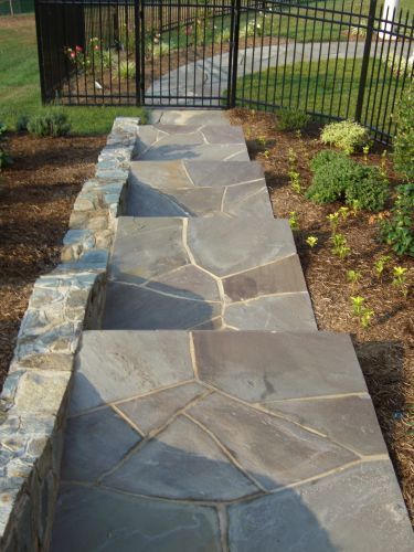 Flagstone Walkway, Flagstone Path, Brick Fence, Flagstone Patio, Stone Walkway, Front Yard Fence, Modern Fence, Fence Landscaping, Backyard Fences