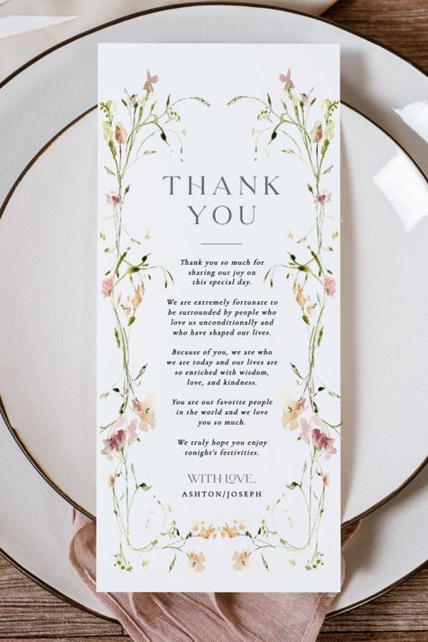 Complete your wedding experience with our exquisite printed Place Setting Thank You Cards. They are not only a stylish and practical addition to your reception but also a heartfelt way to express gratitude to your guests for their love and support. Let these cards be a lasting reminder of the cherished memories created on your special day. #tablethankyoucards #weddingthankyou #receptiondinnerthankyou Wedding Thank Yous On Table, Floral Wedding Table, Gratitude Cards, Reception Dinner, Garden Weddings, Express Gratitude, Wedding Menu Cards, Menu Card, Wedding Tables