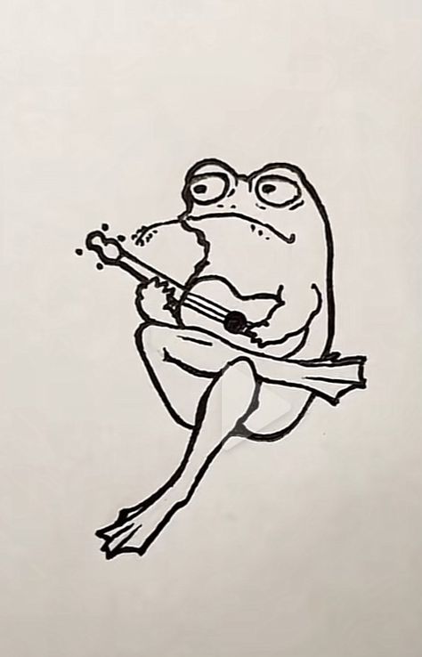 Frog Playing Banjo Drawing, Simple Frog Tattoo, Frog Sketch, Guitar Drawing, Feather Tattoo Design, Frog Tattoos, Frog Drawing, Funny Tattoos, Cartoon Tattoos